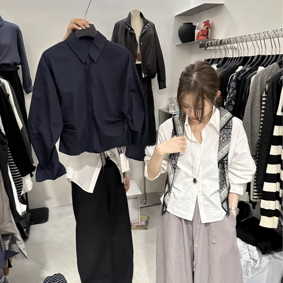 韩系简约翻领排扣配丝巾气质收腰衬衫女2025秋季新款修身显瘦小衫