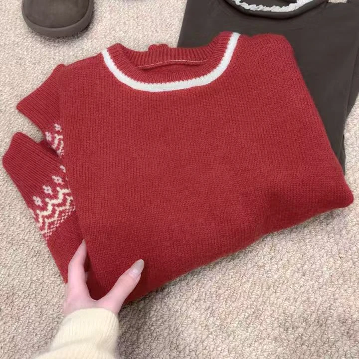孤品！豆豆专场！新年红色复古提花圆领毛衣女冬季超厚慵懒软糯