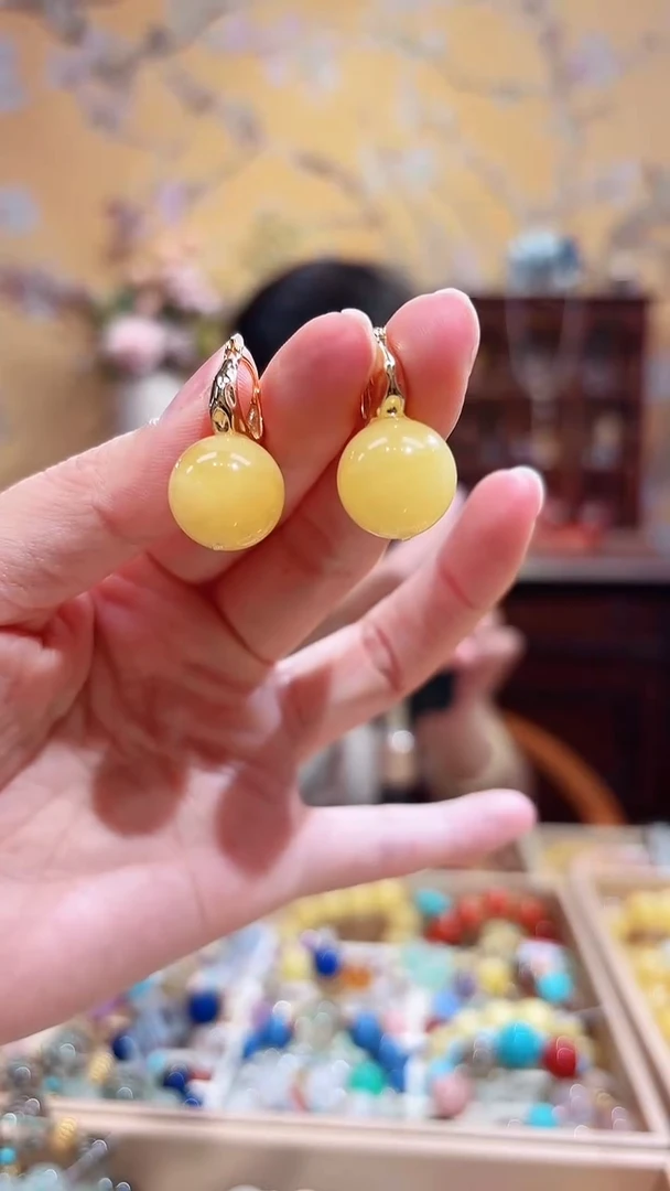 蜜蜡银S925镶嵌耳饰蜜蜡 白花蜡14+咪