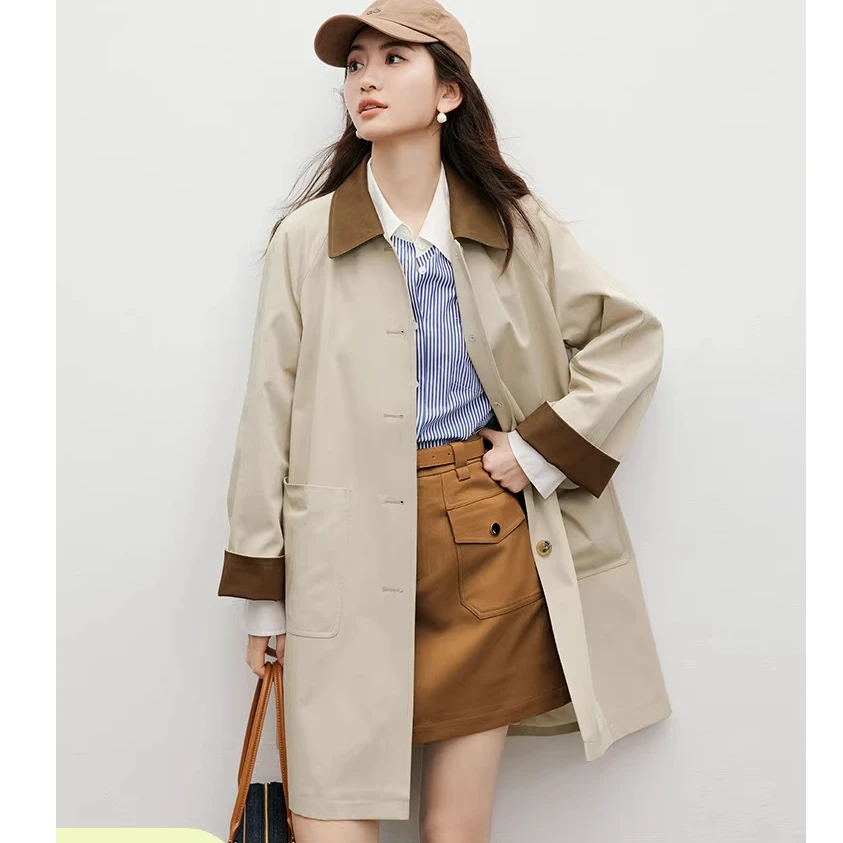 日系卡其风衣秋季2025新款女装巴恩松弛感显瘦撞色翻领中长款外套
