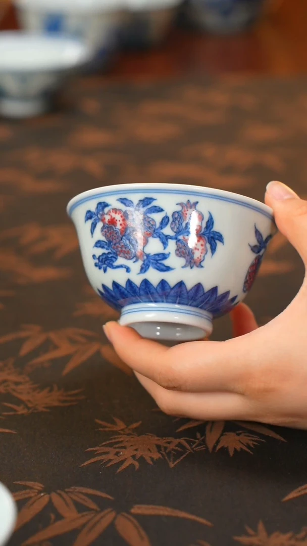 铖瓷窑柴窑青花釉里红三果杯