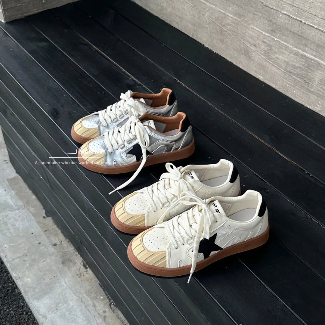 小白鞋女星星复古做旧小脏鞋2025新款百搭休闲运动板鞋厚底德训鞋