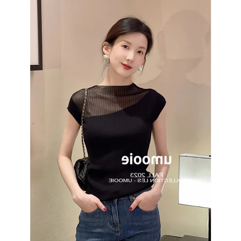 辣妹纯欲风黑色冰丝针织衫短袖t恤女夏气质高级感正肩无袖上衣薄