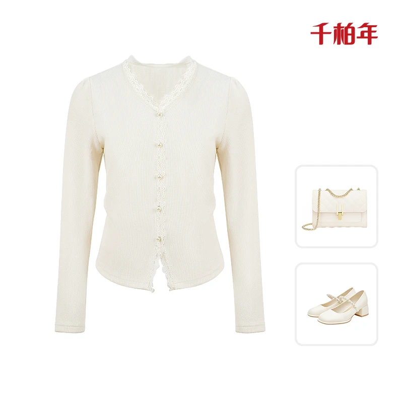 千柏年【浪漫春日】精致蕾丝花边小女人感拼接V领显瘦T恤-C1726