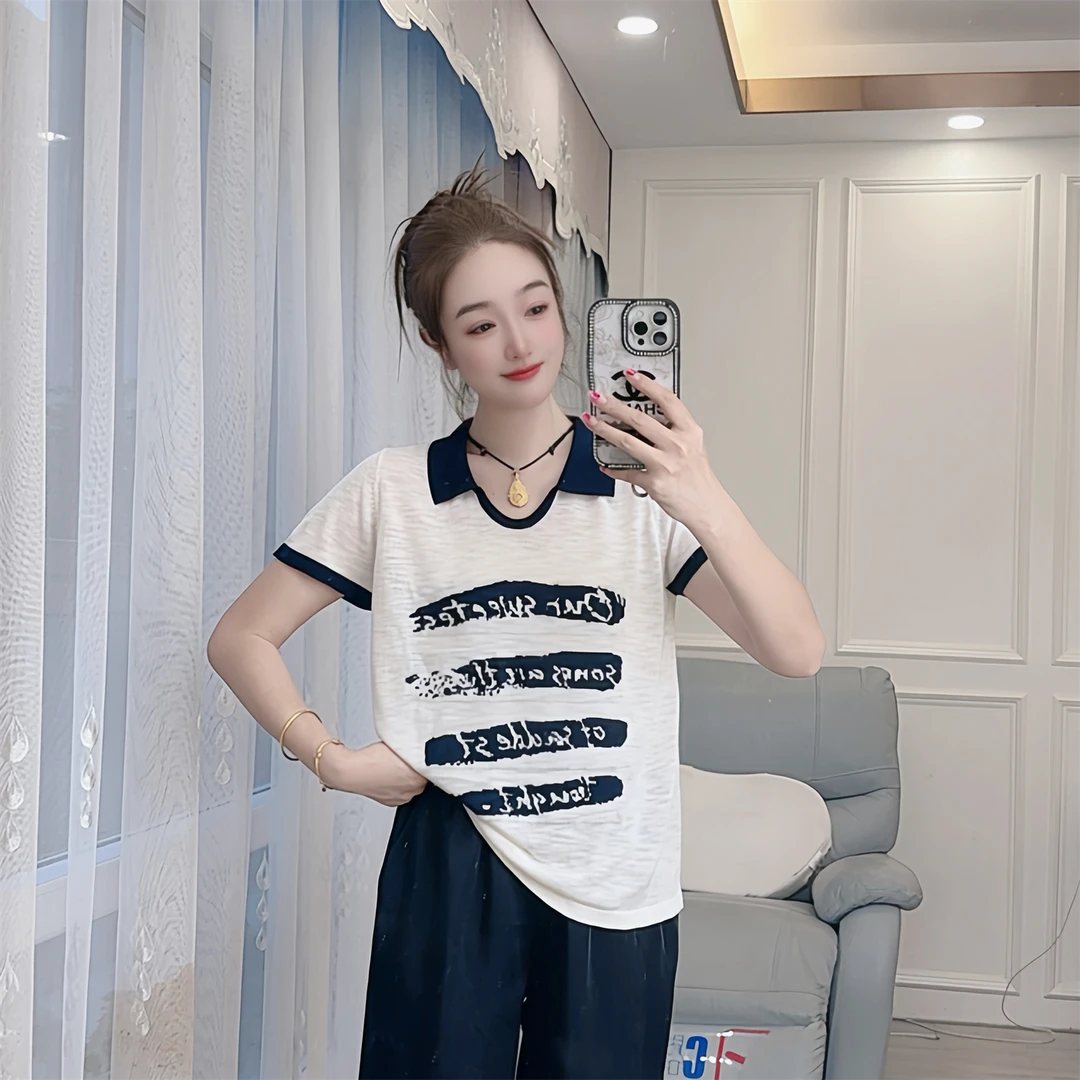 5111现货夏季针织衫套头短袖宽松女装U领字母显瘦时尚百搭上衣