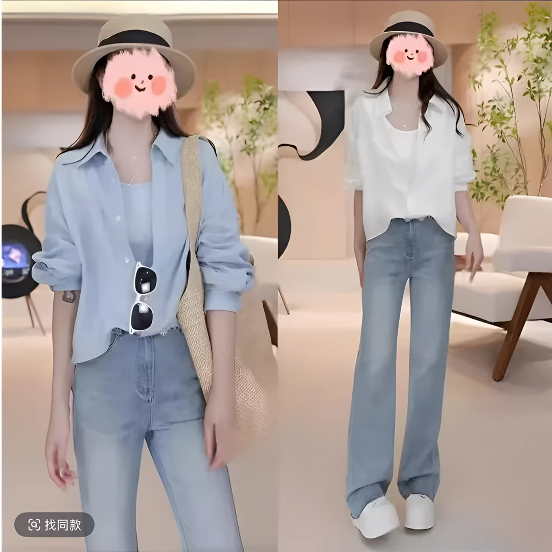 早秋穿搭一整套女装气质欧若风假两件衬衫牛仔裤两件套洋气衣服女