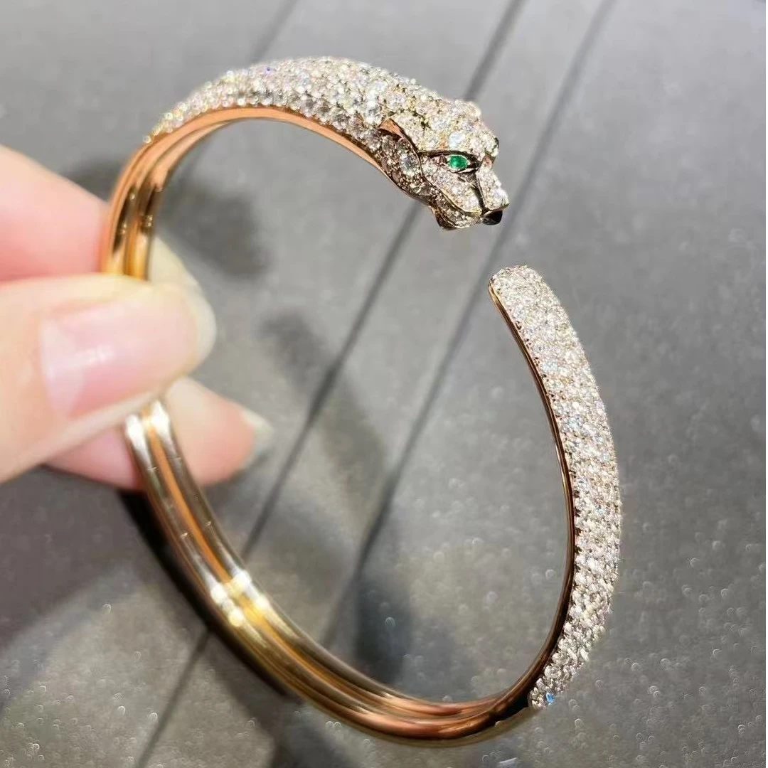 Meizuo珠宝·18k金天然钻石满钻玫瑰金豹子手镯重金重工