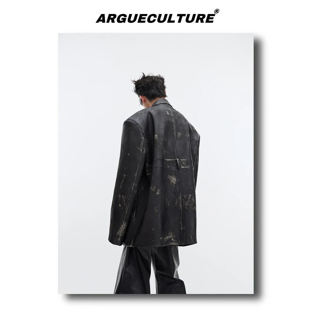 CulturE24ss重磅小众解构复古做旧PU皮衣西服外套廓形垫肩西装男