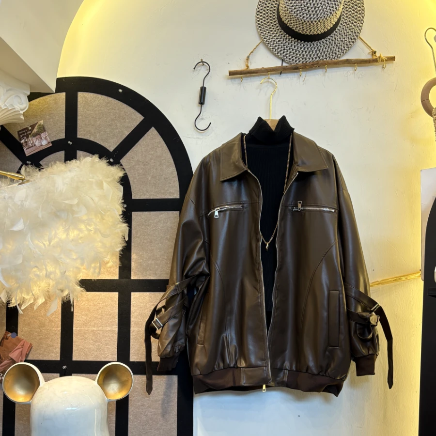 D25 112902 美式复古机车皮衣外套百搭韩版时尚短款休闲上衣宽松