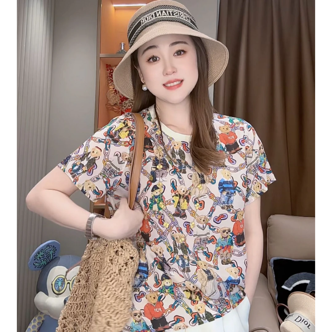 【丝芙玉禄】（F804）100真丝双绉卡通人物图案显瘦桑蚕丝t恤上衣