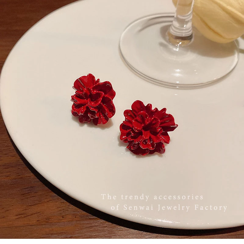 铜合金亚克力耳饰 925银针安可拉红色立体耳环复古法式个性小众可
