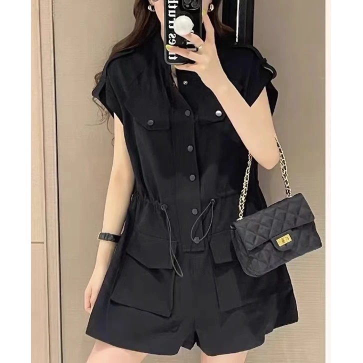 D20476收腰工装连体裤新款欧货时尚阔腿短裤休闲连衣裤