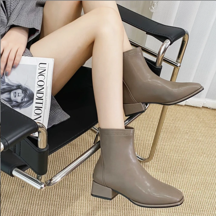 9月现货 2918新款粗跟方头短靴后拉链瘦瘦靴百搭秋冬气质中跟