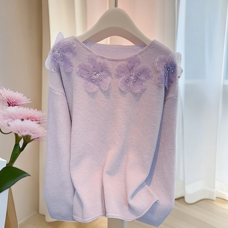 厚款甜美花朵重工钉珠设计感圆领毛衣秋冬新款宽松减龄小众上衣