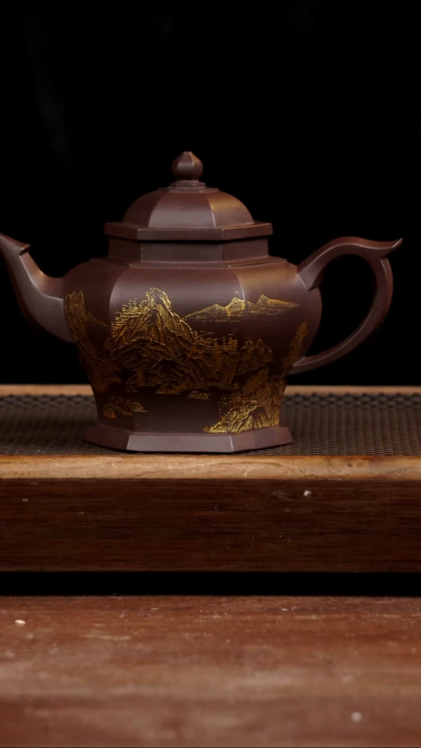 茶壶紫砂老紫泥六方笑樱500CC