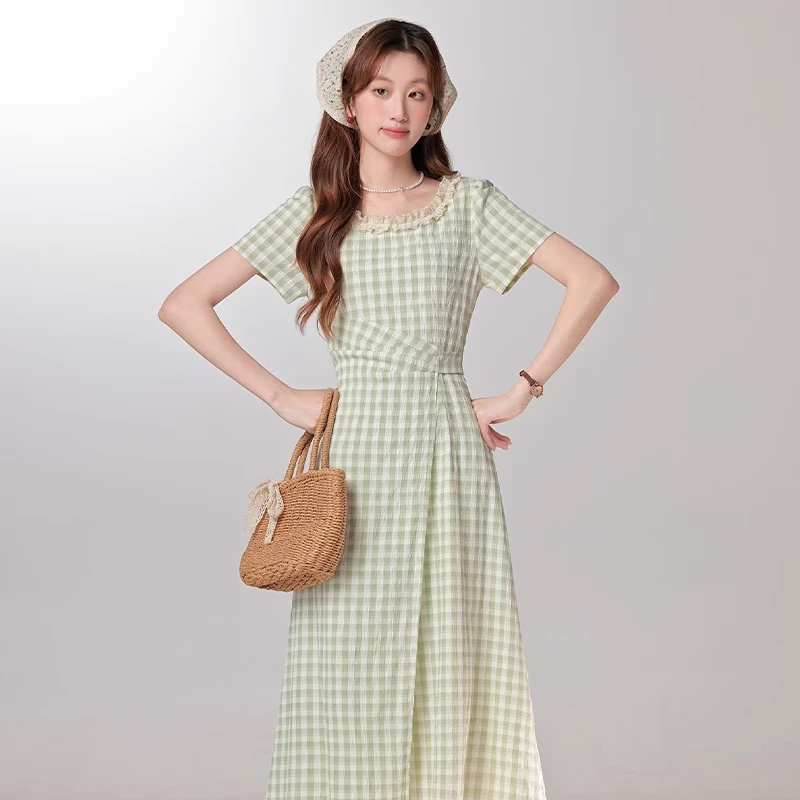 三寸藕【青空之夏】夏气质小清新绿色格子连衣收腰减龄长裙 L250617