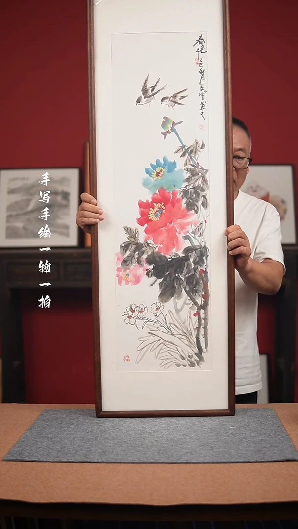 国画手绘-40*120实木框花鸟