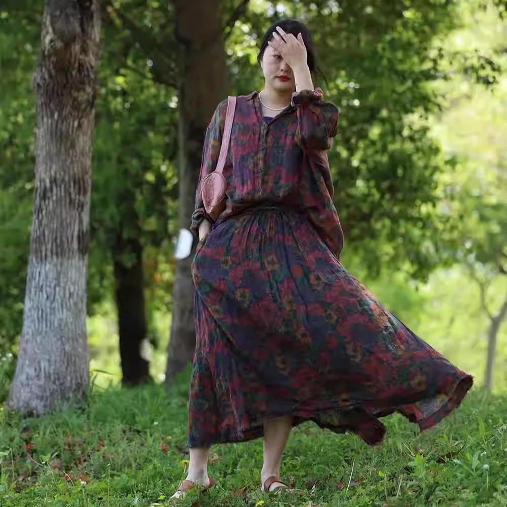 衣路走来新品麻质文艺水洗做旧松紧腰半身裙 37442