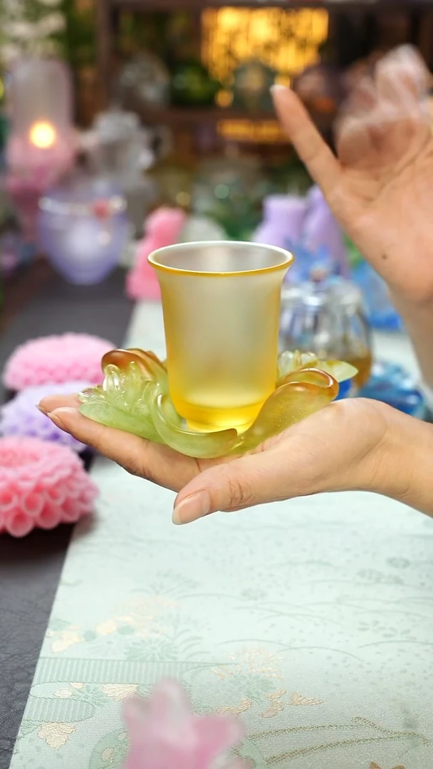 琉璃闪购桂花杯垫+玲珑茶杯黄色