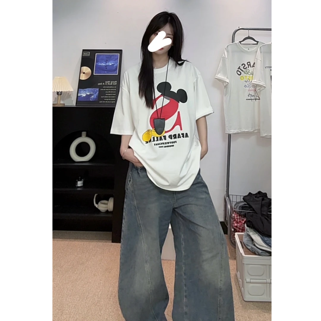 夏季新款女装重磅纯棉短袖女T恤卡通印花宽松休闲百搭韩版上衣女