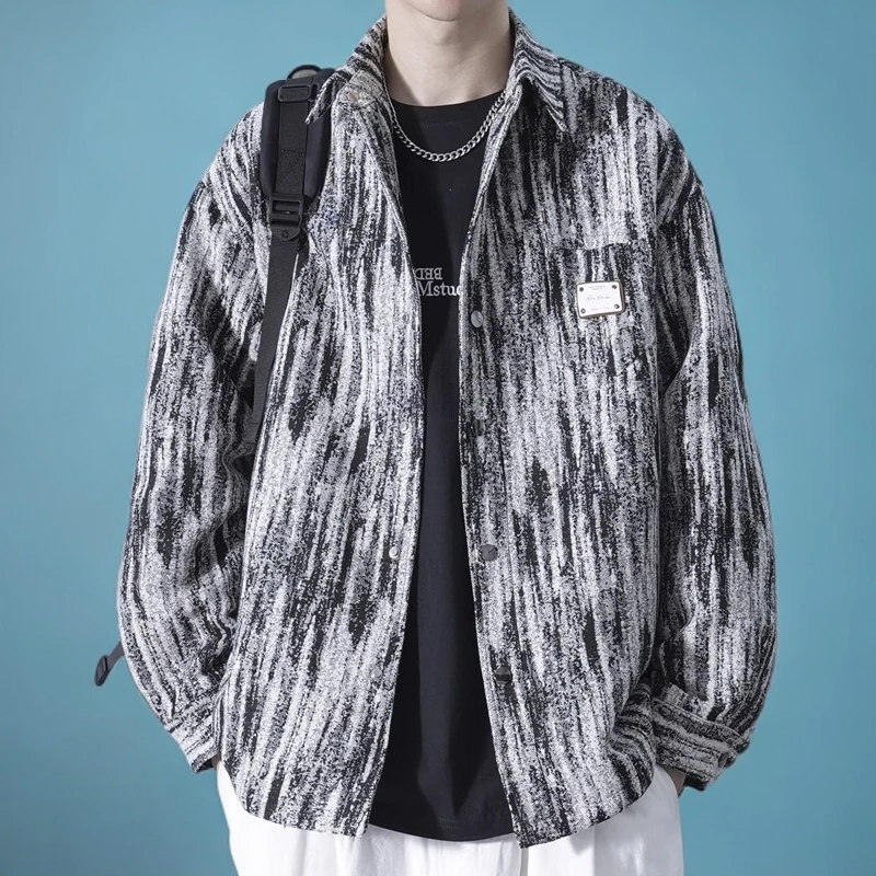 DIIIVERGOM小清新扎染绗缝春季长袖翻领夹克条纹上衣宽松潮流春秋