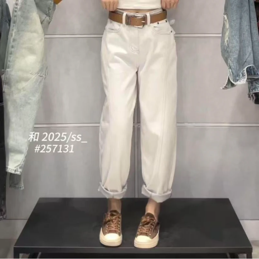 2025春夏新款浅灰色明线弯刀女裤