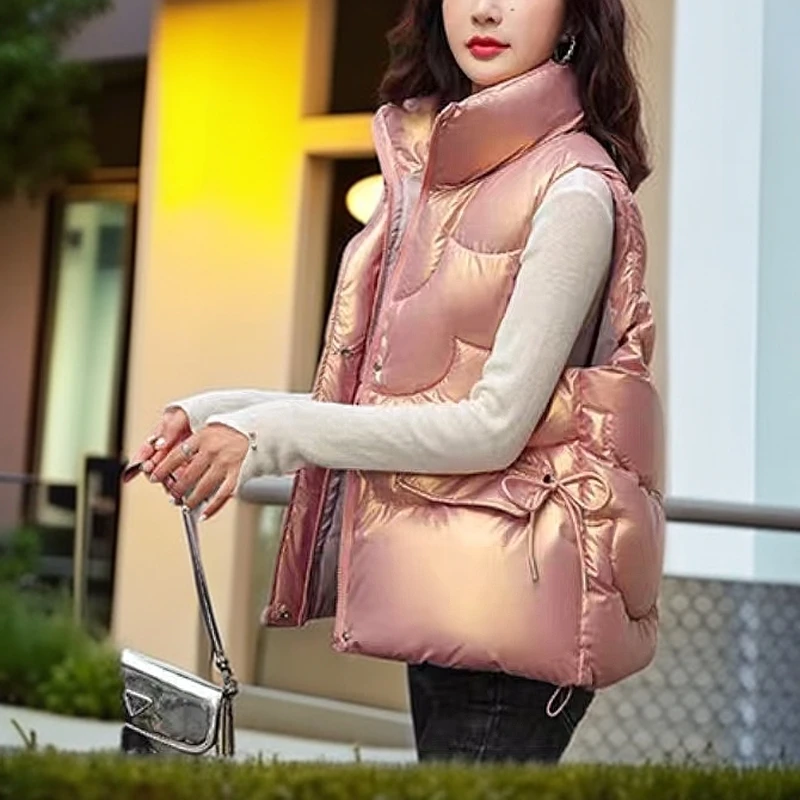 8642韩版免洗亮面棉马甲女短款宽松立领马夹外穿宽松百搭坎肩背心