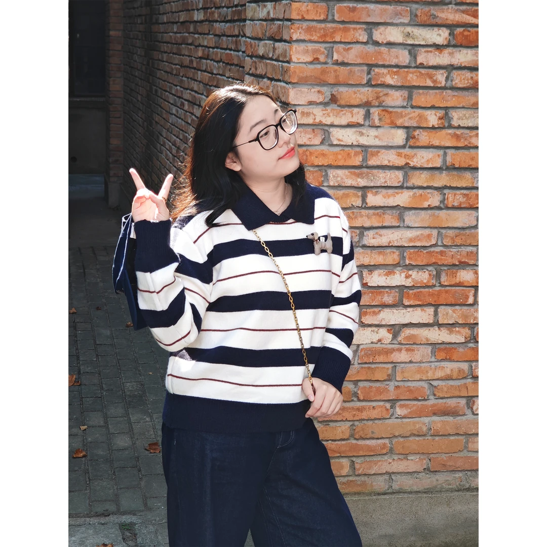 LOV3秋冬条纹斑点狗套头毛衣女装慵懒2025新款大码女装显瘦