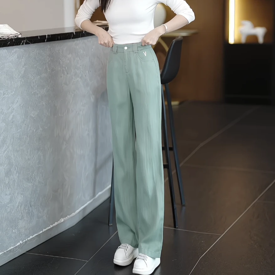 绿色天丝亚麻裤休闲直筒裤女2025夏季薄款新款高腰显瘦窄版阔腿裤
