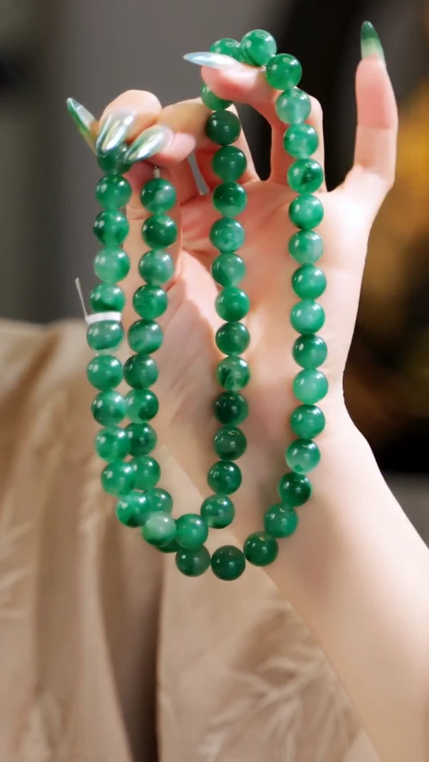 项链银S925镶嵌石英质玉（非洲翠）冰辣绿飘花珠链9~10mm