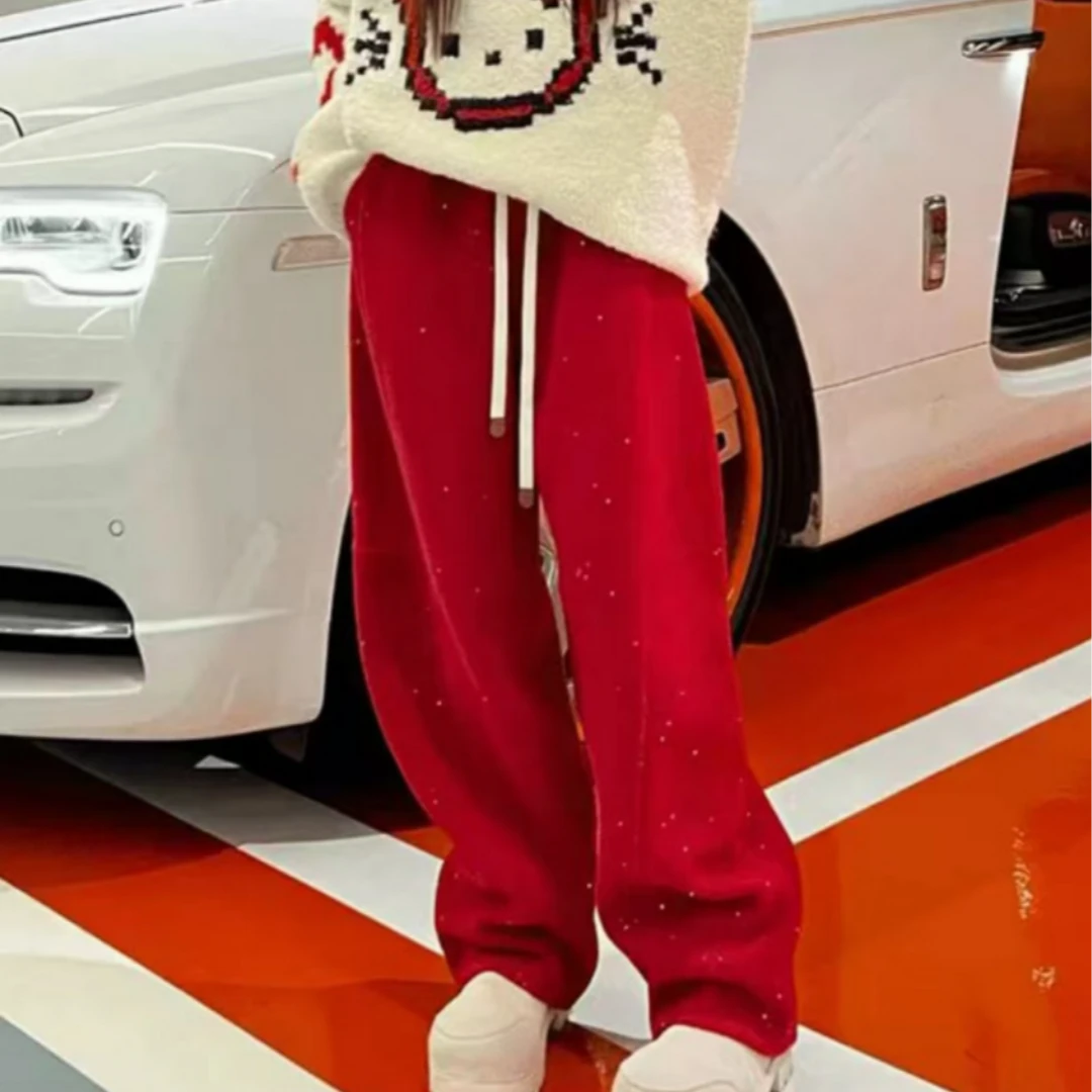 YD-[加绒细闪裤]25早春红色女装阔腿裤直筒休闲裤女