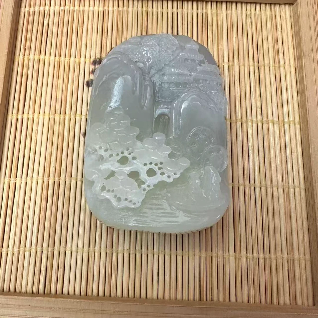 和田玉山水牌吊坠6666