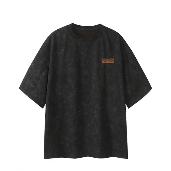 啄木鸟夏季美式水洗做旧短袖T恤男生宽松半袖百搭体恤情侣落肩袖t