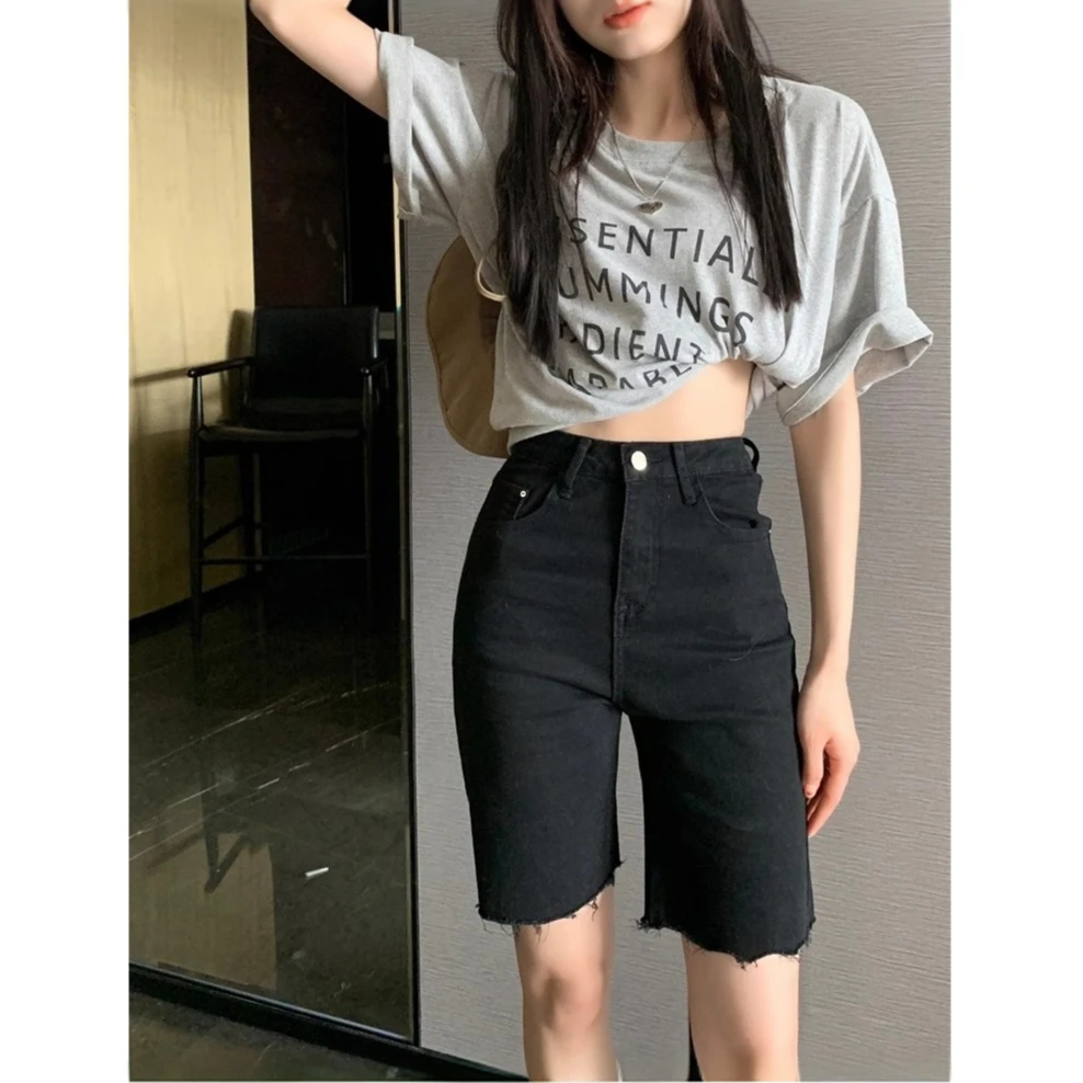 EGKA黑色牛仔短裤5分休闲中裤女士夏季高腰裤修身外穿牛仔五分裤