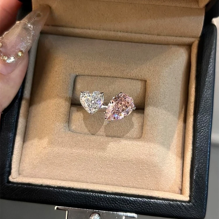 铜合金戒指 爆闪粉色水滴爱心戒指轻奢小众高级千金感精致食指戒