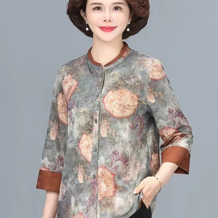 纽扣宽松型中裤立领中老年女装外套中老年妈妈装薄款8580
