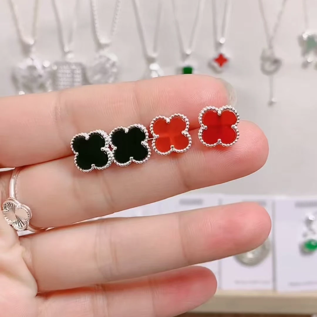 足银耳饰 足银四叶草耳钉气质轻奢高级红色日常百搭精美