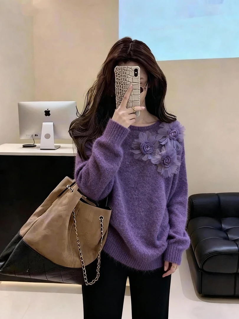 今年流行漂亮独特慵懒风紫色针织衫女2025秋冬季软糯圆领时髦毛衣