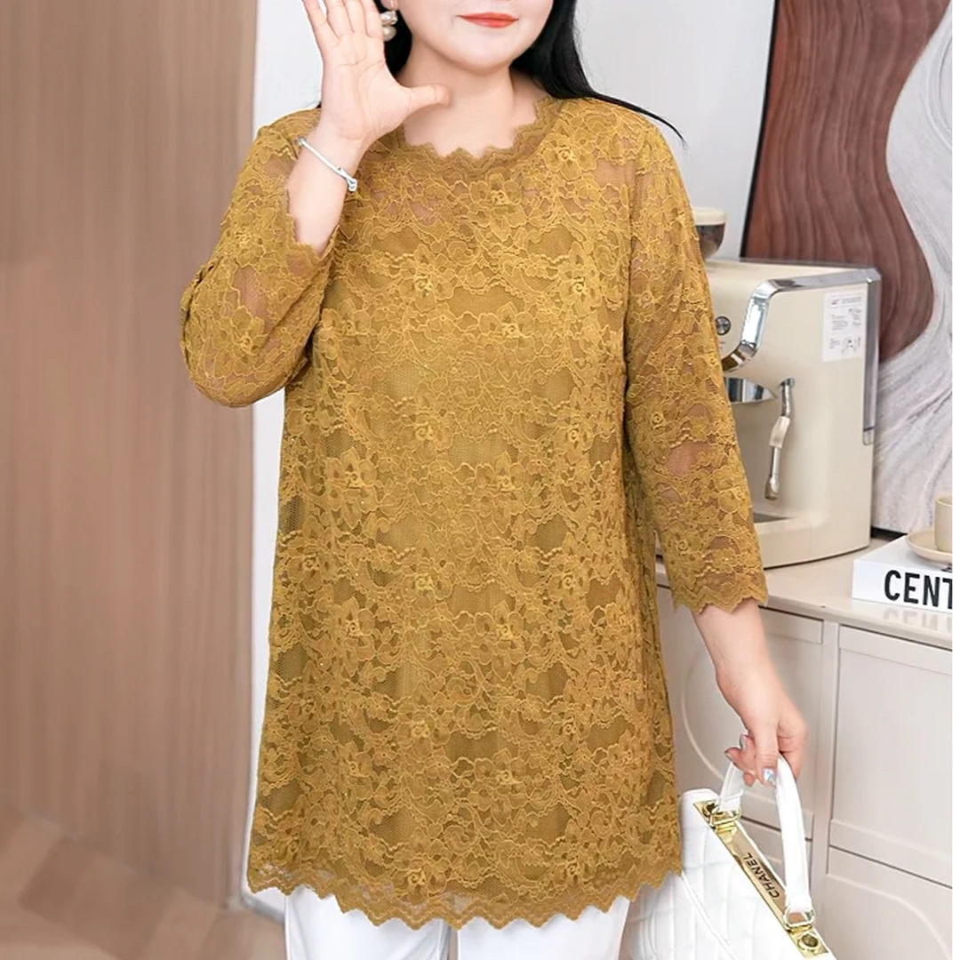 【秋日蕾丝】MsShe大码女装秋装复古浪漫七分袖蕾丝衫T~B2508069