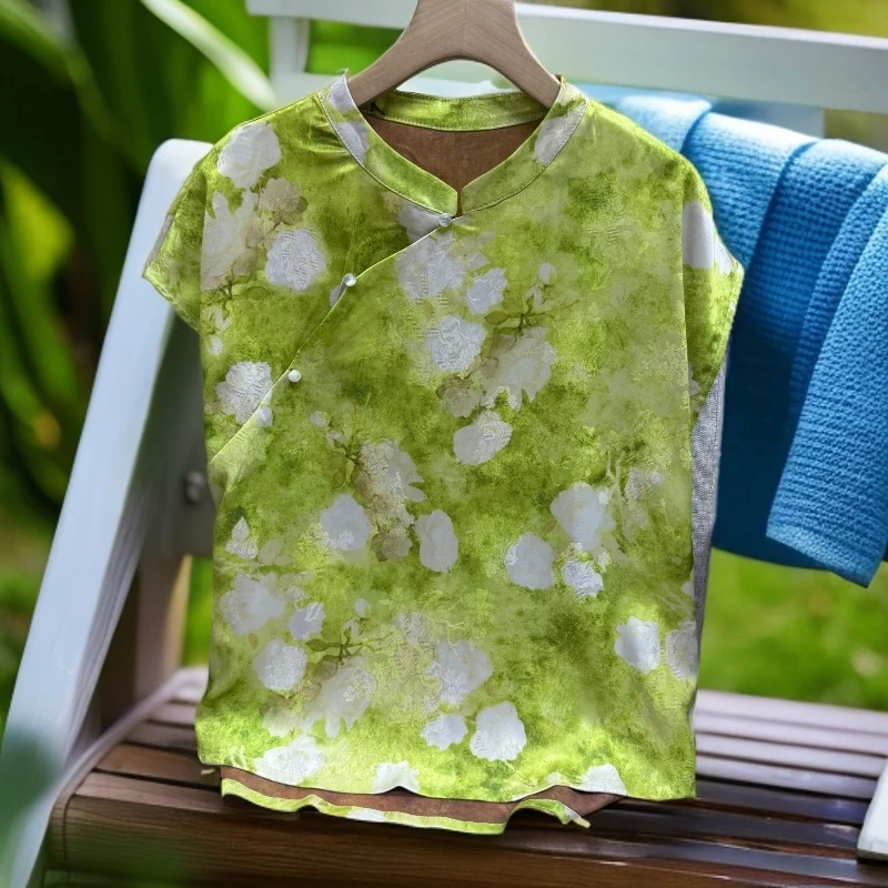 新中式短袖短款四季通用衬衫提花绿色斜门襟短袖1094