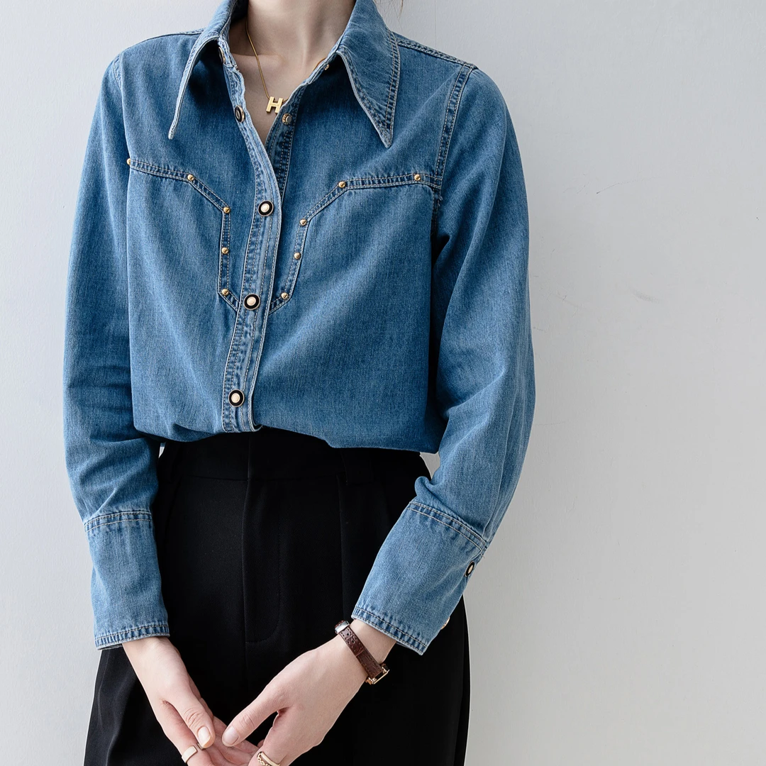2025新款欧货复古牛仔衬衫女春秋法式宽松衬衣百搭长袖上衣女装