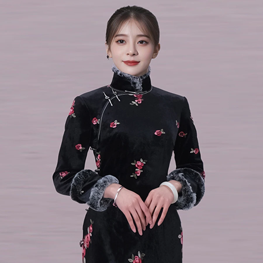 弹力绒面料弹力缎衬里衣长128领高4.5獭兔毛边老上海月份牌香逸韵