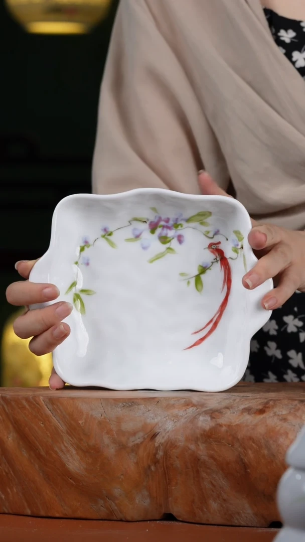 摆件景德镇釉中彩手捏方碗直径15.5高4.5