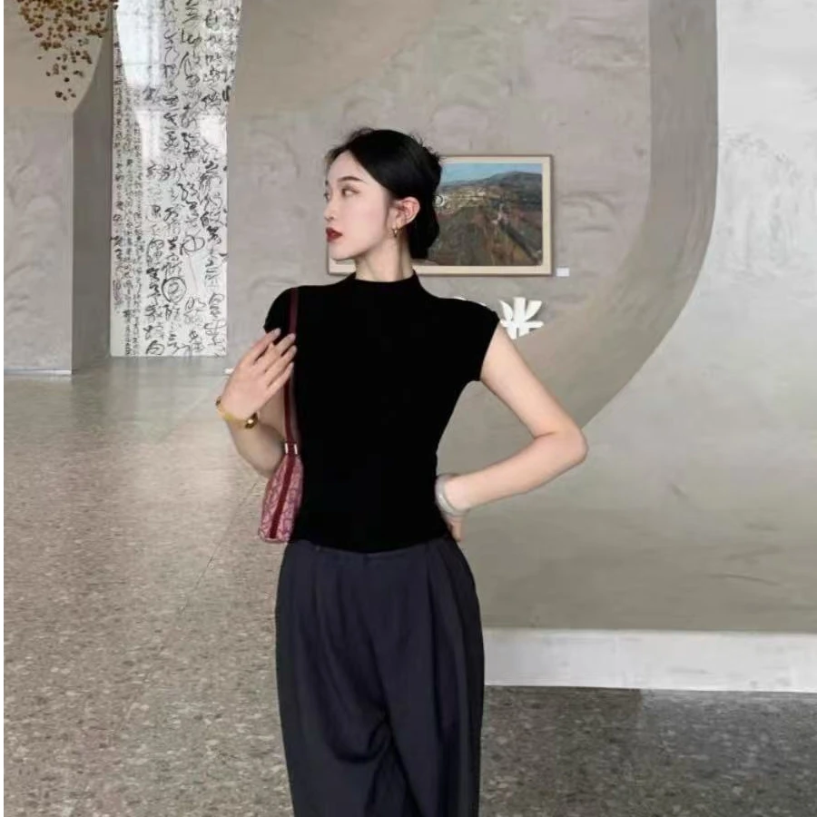 【晨浠定制】小高领设计款短袖针织上衣3070