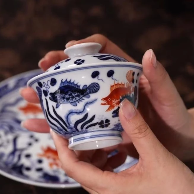 【墨舍柴窑】墨舍柴窑矾红鳜鱼盖碗 moshe1024