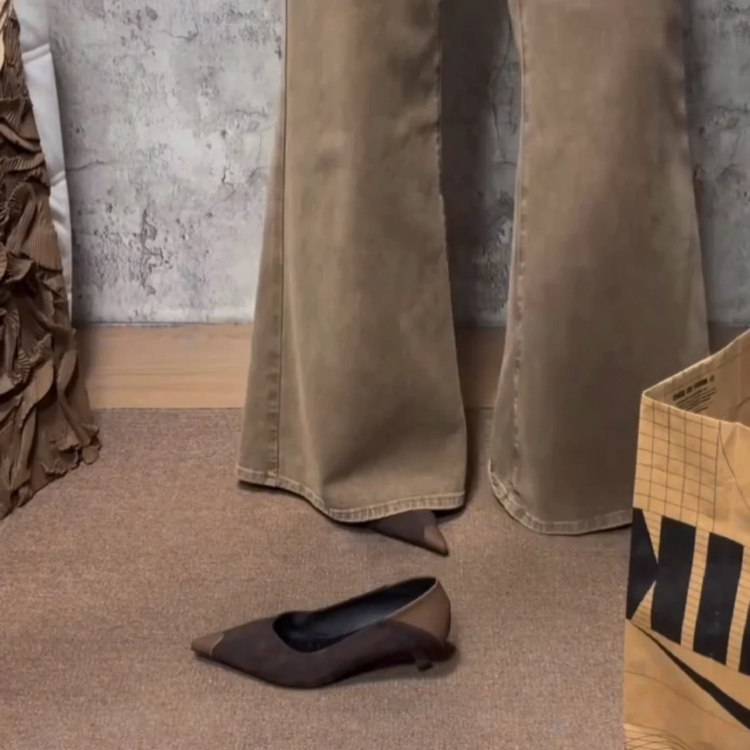 S-1巨好看配裙子单鞋法式拼色尖头浅口细跟一脚蹬通勤工作鞋