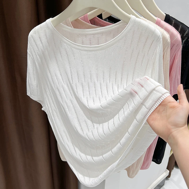 新款镂空冰丝短袖针织衫女2025夏季薄款圆领t恤休闲百搭短款上衣