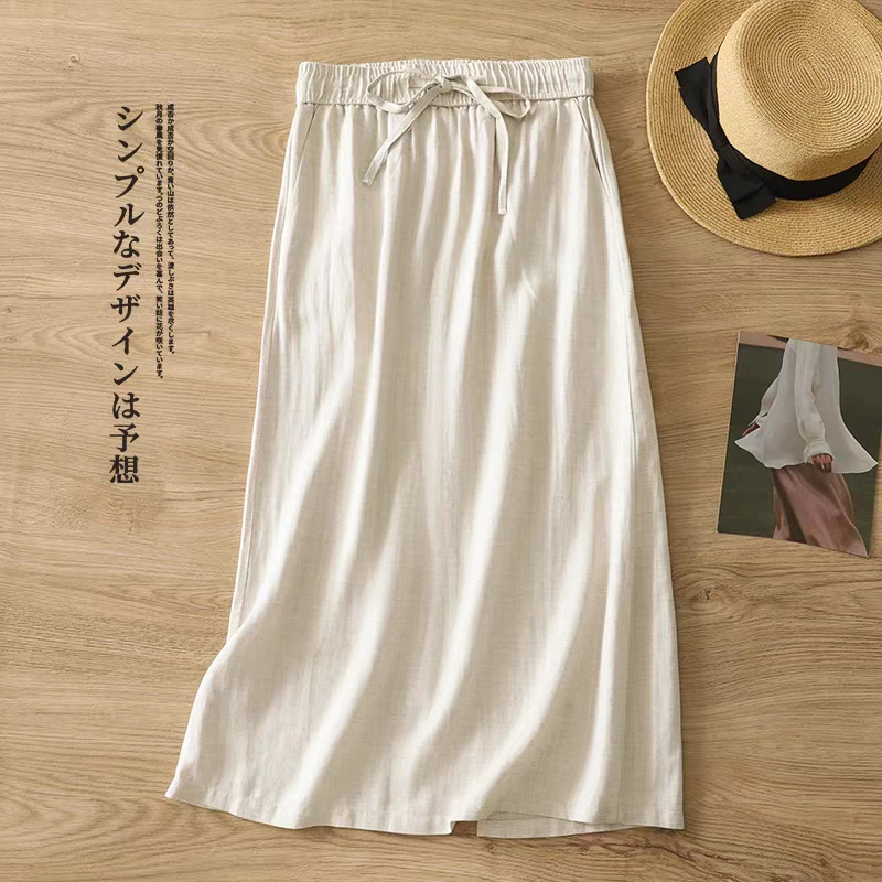 莱赛尔天丝亚麻半身裙女夏季轻薄透气高腰松紧百搭开叉直筒中长裙