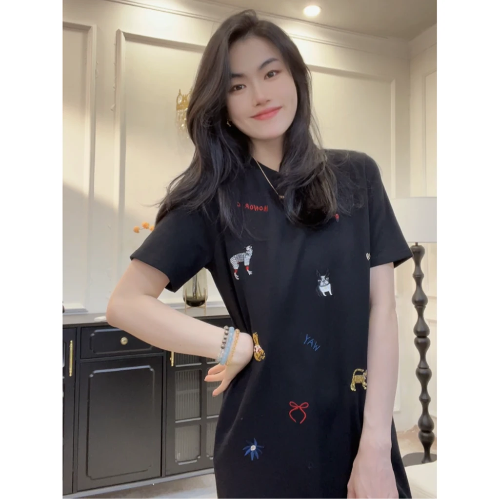 【刺绣小狗】短款/长款~早春新款简约百搭休闲T恤裙显瘦连衣裙女LY