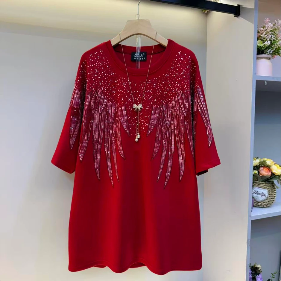 大码新款时尚气质宽松百搭休闲风重工烫钻舒适显瘦圆领半袖